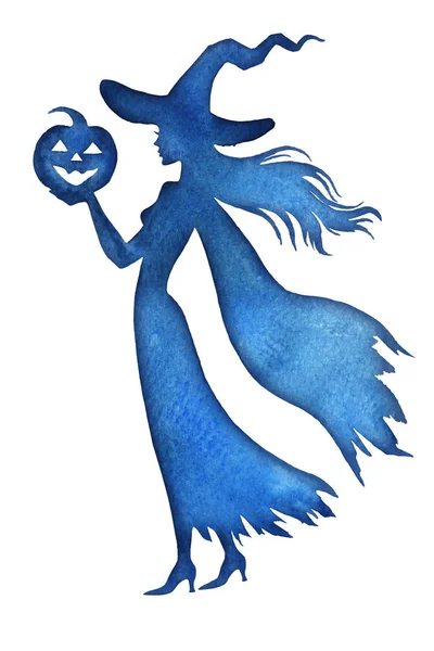 Hexensilhouette mit Halloween-Puppe, Aquarellvektor krank — Stockvektor