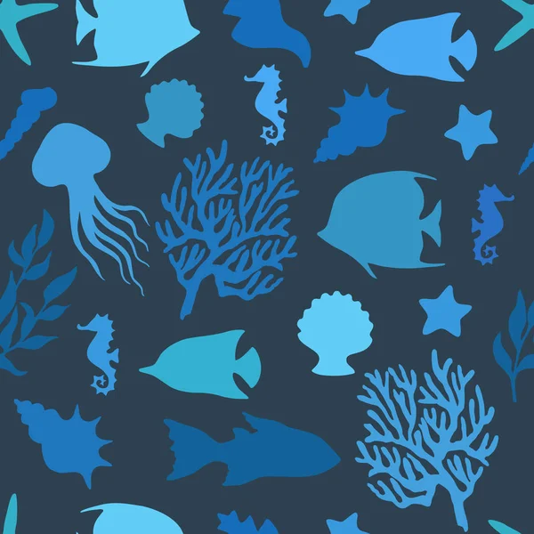 海の生命ベクトルシームレスパターンシルエット. — ストックベクタ