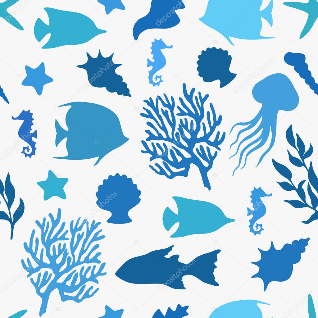 Sea life vector seamless pattern  silhouette.