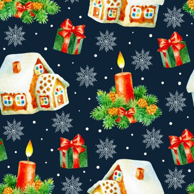 El boyası suluboya ile Noel tatili kusursuz deseni