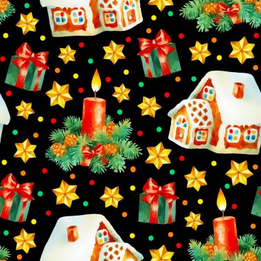 El boyası suluboya ile Noel tatili kusursuz deseni