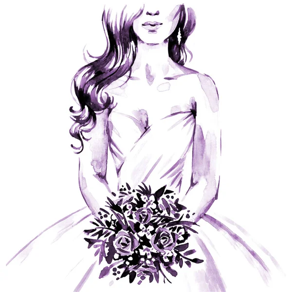 Bride with bouquet in wedding dress, hand paint watercolor illus