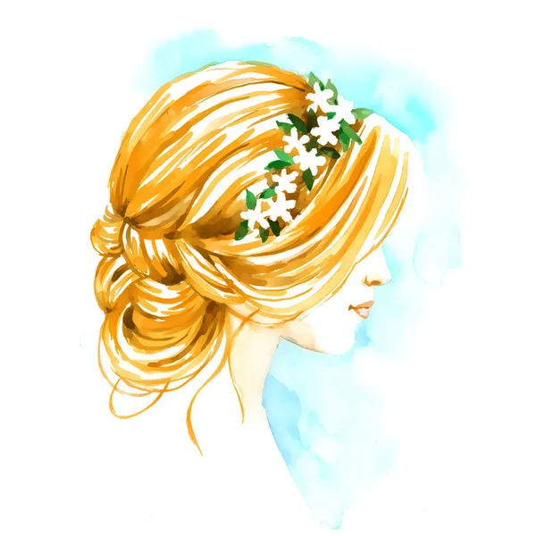 Girl in floral wreath in profile, hand paint watercolor illustra