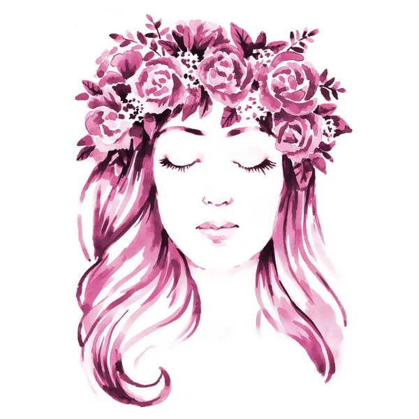 Girl in floral wreath, hand paint watercolor illustration