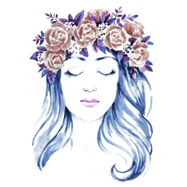 Dziewczyna w kwiatowym wieńcu, ręcznie farba akwarela ilustracja — Zdjęcie stockowe