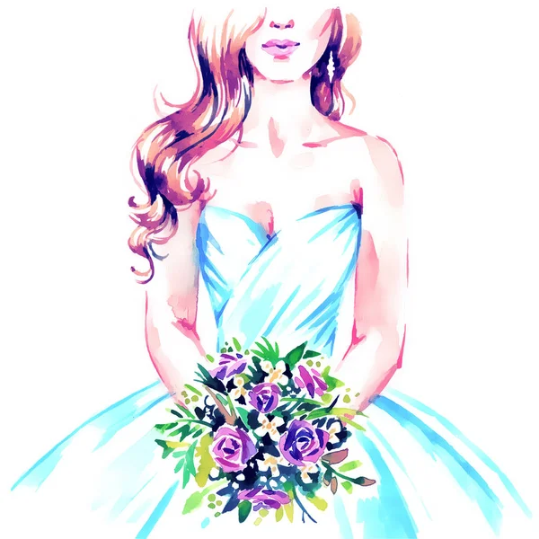 Sposa con bouquet in abito da sposa, pittura a mano illus acquerello — Foto Stock