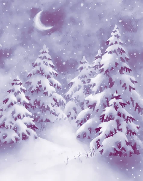 Watercolor winter nignt forest, hand paint background
