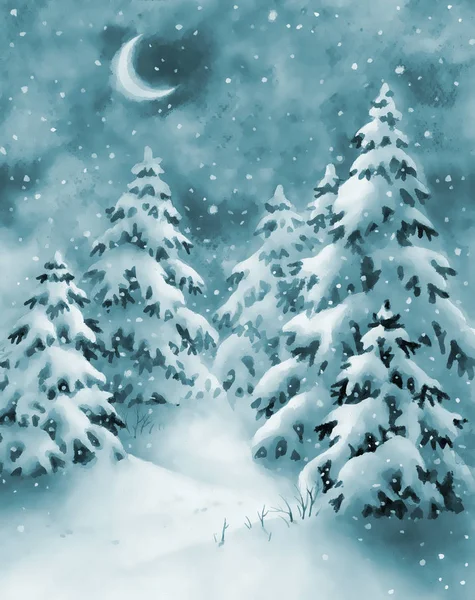 Acuarela invierno bosque nignt, fondo de pintura a mano — Foto de Stock