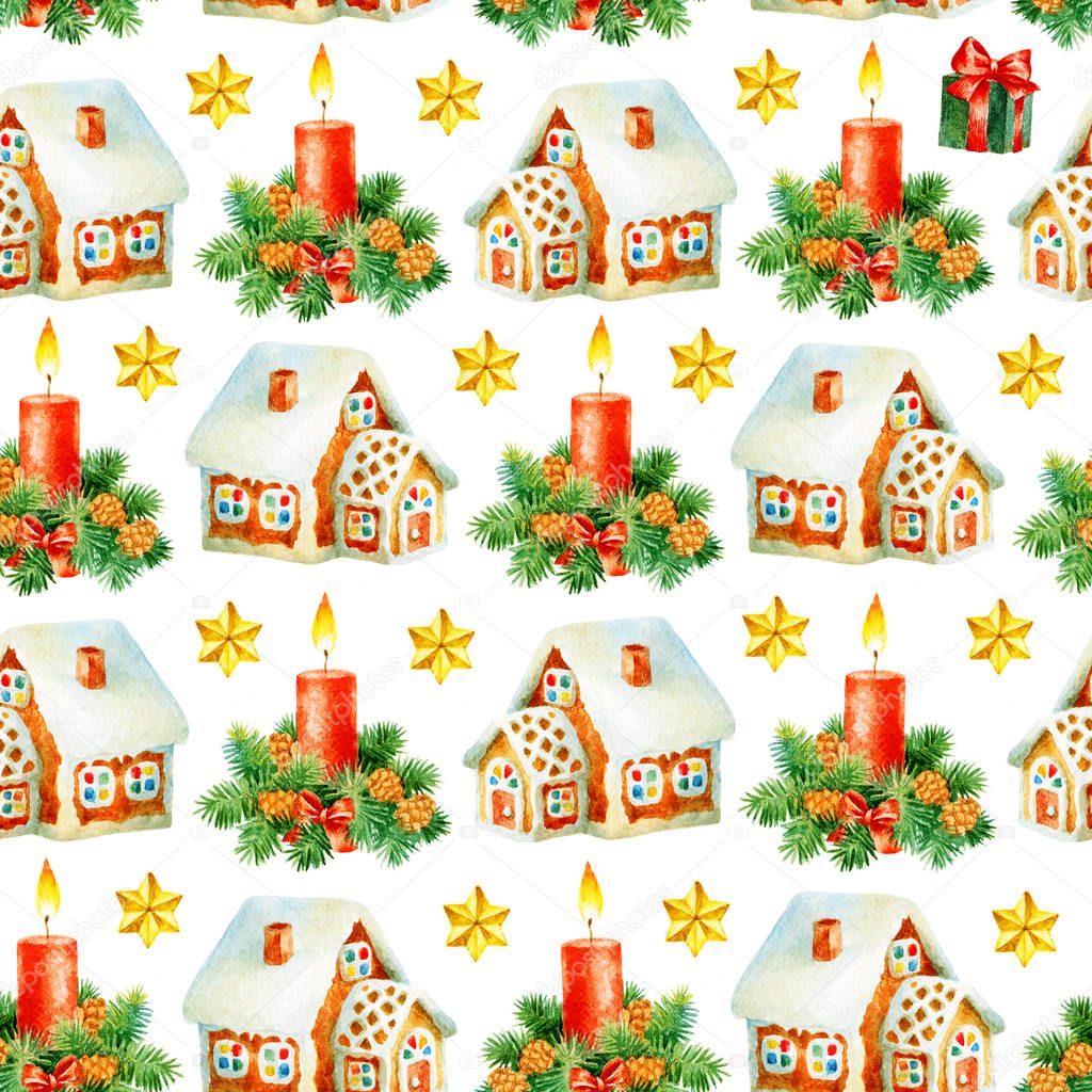 Christmas holiday seamless pattern with hand paint watercolor ch