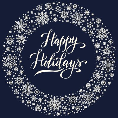 Mutlu tatiller, kar tanesi çerçeveli Noel arkaplanı, kış çelengi, tebrik kartı şablonu, davetiye, poster.