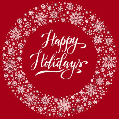 Mutlu tatiller, kar tanesi çerçeveli Noel arkaplanı, kış çelengi, tebrik kartı şablonu, davetiye, poster.