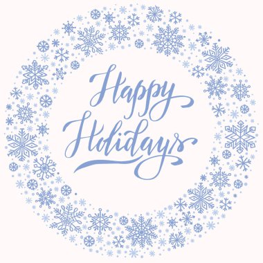 Mutlu tatiller, kar tanesi çerçeveli Noel arkaplanı, kış çelengi, tebrik kartı şablonu, davetiye, poster.