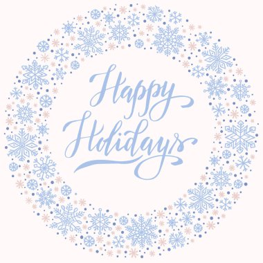 Mutlu tatiller, kar tanesi çerçeveli Noel arkaplanı, kış çelengi, tebrik kartı şablonu, davetiye, poster.