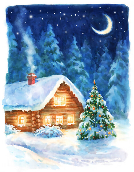 Christmas night landscape, watercolor hand paint illustration