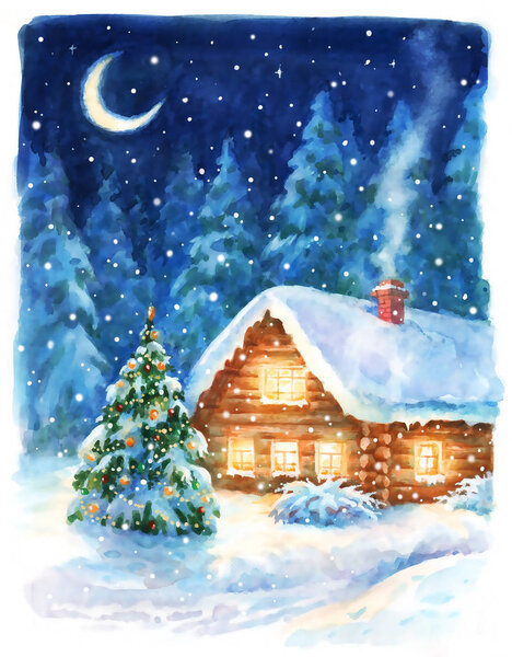 Christmas night landscape, watercolor hand paint illustration