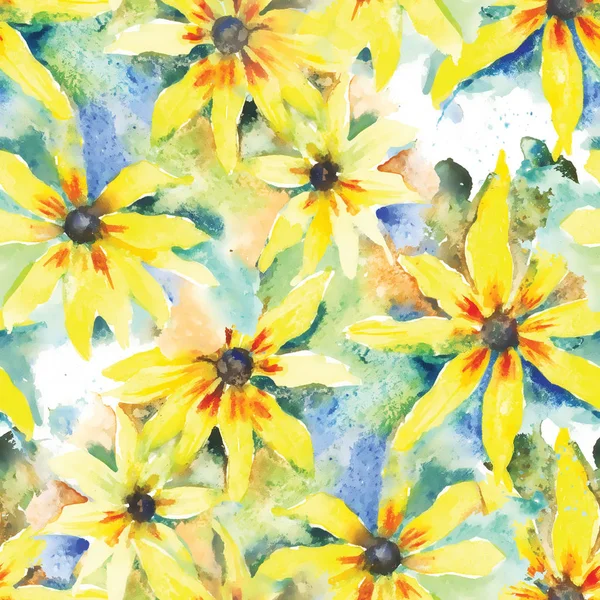 Rudbeckia. Floraler Aquarell-Hintergrund, nahtloses Muster. — Stockfoto