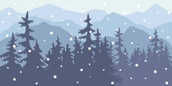 Winter landscape in snowfall with mountains and pine forest — Stock Vector