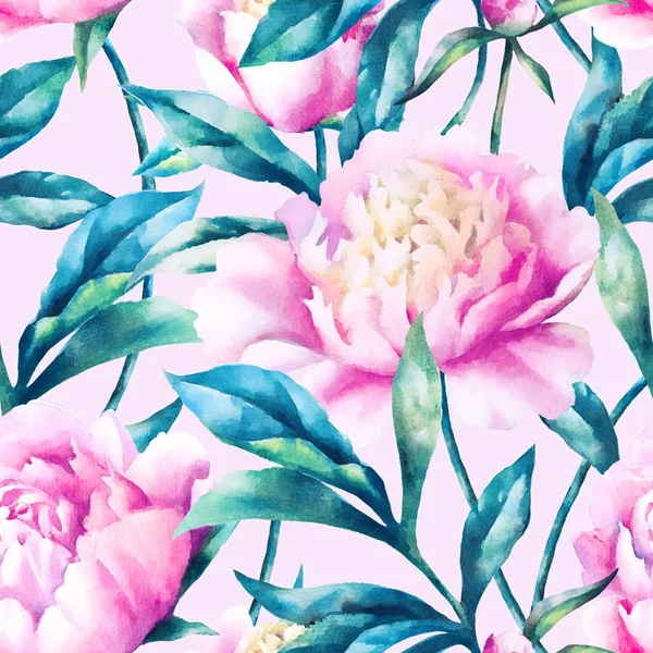 Aquarela mão pintar peônias rosa e folhas, padrão sem costura . — Fotografia de Stock
