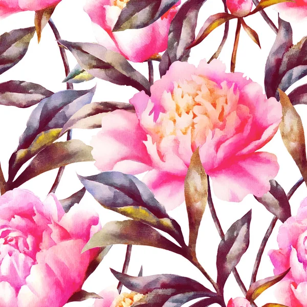 Акварель ручной краски розовые пионы и листья, бесшовный узор . — стоковое фото
