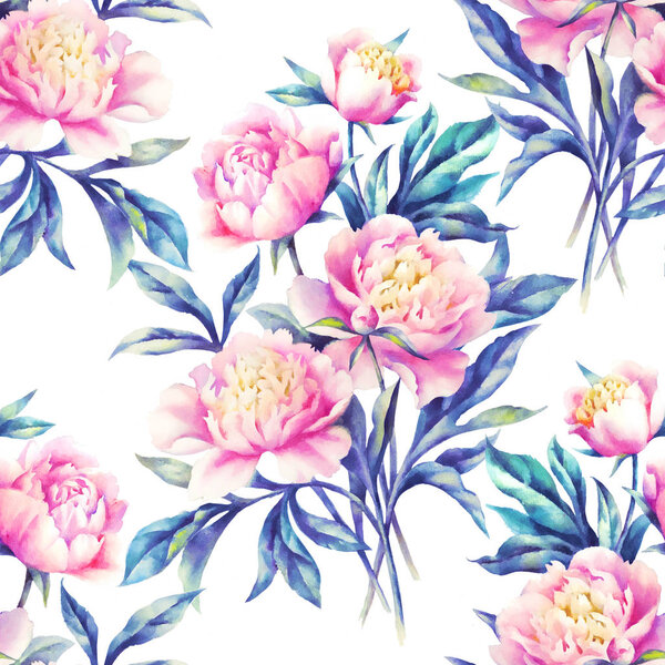 Акварель ручной краски розовые пионы и листья, бесшовный узор
.