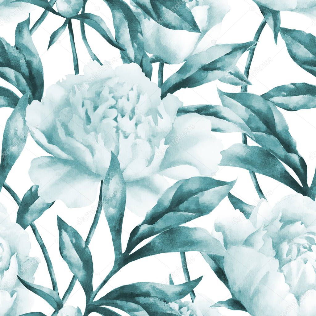 Watercolor hand paint pink peonies and leaves,seamless pattern.