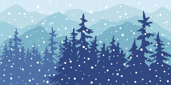 Dağlar ve çam ormanlarıyla karlı kış manzarası — Stok Vektör