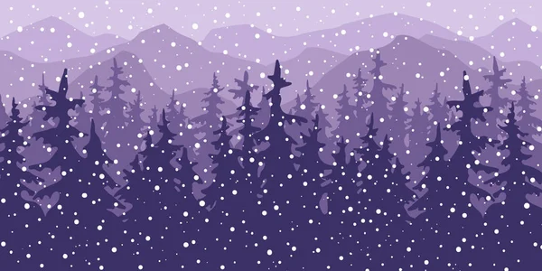 Winter landscape in snowfall with mountains and pine forest — Stock Vector