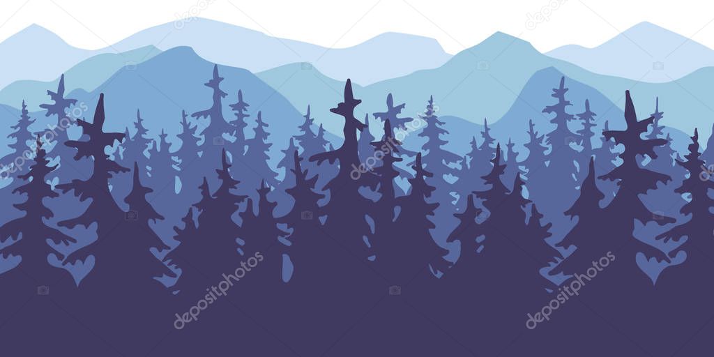 Nature vector background, winter landscape in snowfall with moun