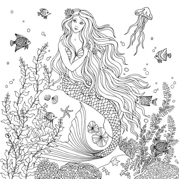 Mermaid Undersea Hand Drawn Vector Illustration White Background Coloring Book — Stock Vector