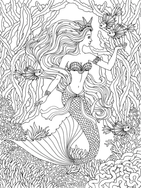 Schöne Meerjungfrau Unter Wasser Handgezeichnete Vektorillustration Auf Weißem Hintergrund Für — Stockvektor
