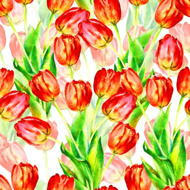 Red tulips, hand painted watercolor vector illustration, seamless pattern, template for textile, wallpaper, wrapping paper
