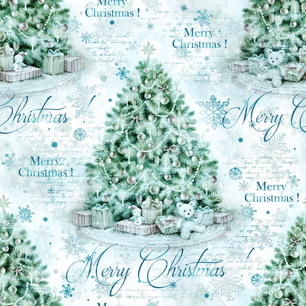 Christmas tree with decoration and gifts, hand paint watercolor illustration, vintage holiday seamless pattern for invitation, decoupage, scrapbooking.