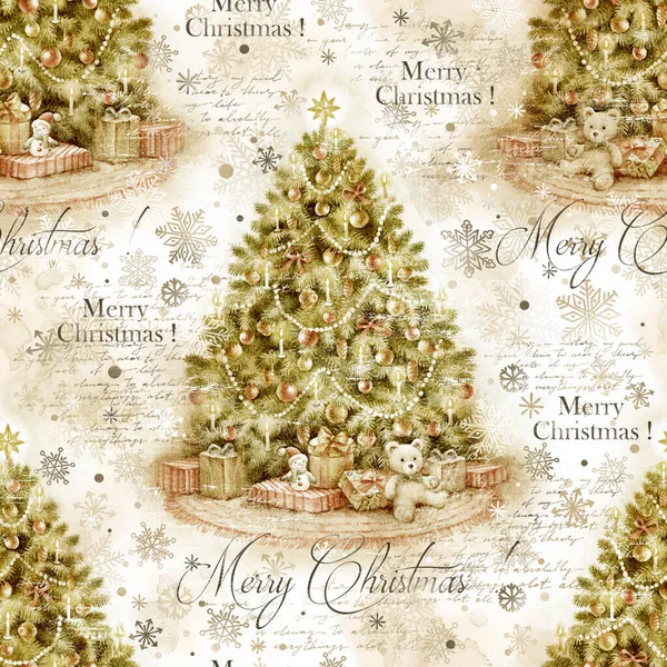 Weihnachtsbaum Mit Dekoration Und Geschenken Handbemalung Aquarell Illustration Vintage Urlaub — Stockfoto