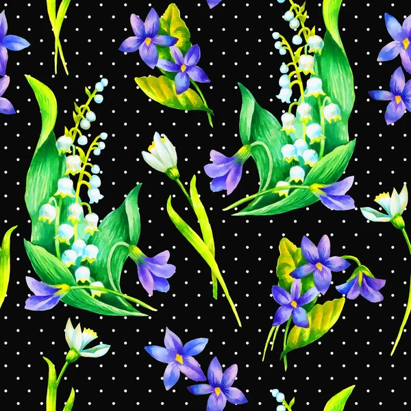 Snowdrop May Lilly Viola Seamless Pattern Hand 페인트 직물을 템플릿 — 스톡 사진