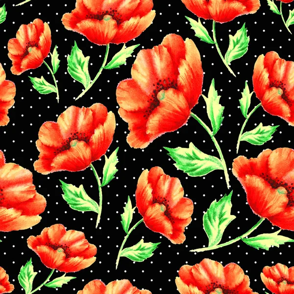 Zökkenőmentes Minta Kézi Festék Akvarell Piros Mák Sablon Textil Tapéta — Stock Fotó