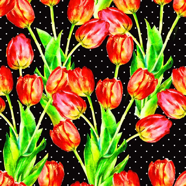 Red Tulips Hand Painted Watercolor Vector Illustration Seamless Pattern Template — 스톡 사진