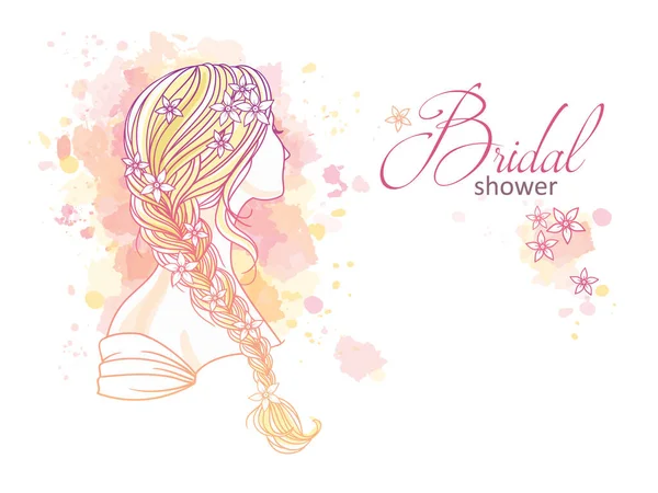ドレスを着た女の子 背中から花と結婚式の髪のスタイル 招待状とブライダルシャワーのための手描きベクトルアウトラインイラスト — ストックベクタ