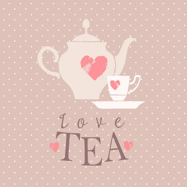 Love Tea Teapot Cup Tea Vintage Vector Hand Drawn Illustration — Stock Vector