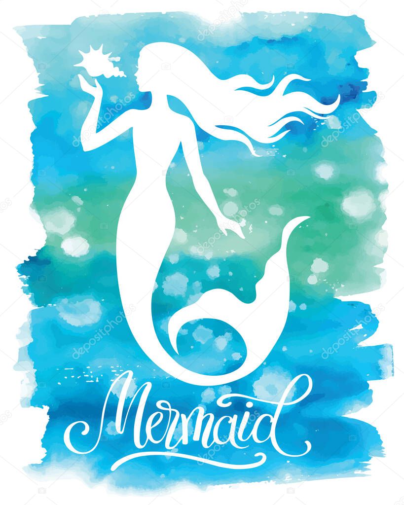 Mermaid  silhouette, hand drawn vector  illustration isolated on blue watercolor spot, logo, t-shirt design.