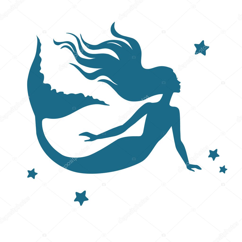 Mermaid  silhouette, hand drawn vector  illustration isolated on white, logo, t-shirt design.