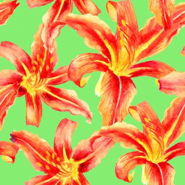 Suluboya el boyası turuncu zambak, kusursuz desen, tekstil şablonu, duvar kağıdı, ambalaj kağıdı.