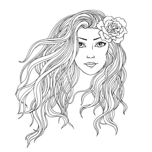 Молодая Женщина Потоковыми Длинными Волосами Черно Белая Векторная Иллюстрация Салона — стоковый вектор