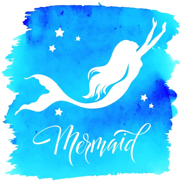 Meerjungfrau Silhouette Handgezeichnete Vektorillustration Isoliert Auf Blauem Aquarellfleck Vorlage Für — Stockvektor