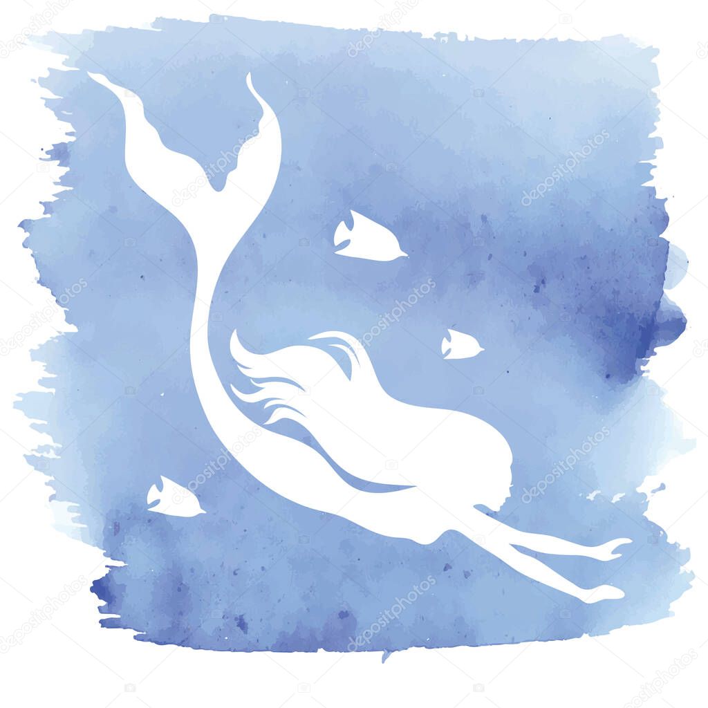 Mermaid  silhouette, hand drawn vector  illustration isolated on blue watercolor spot, template for logo, t-shirt design.