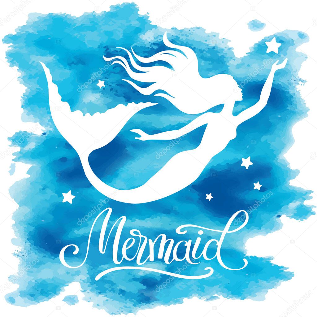 Mermaid  silhouette, hand drawn vector  illustration isolated on blue watercolor spot, template for logo, t-shirt design.