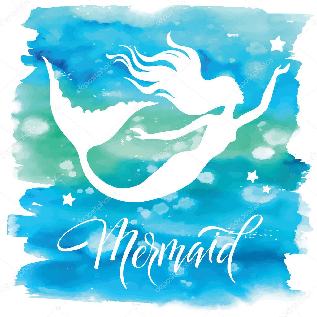 Mermaid  silhouette, hand drawn vector  illustration isolated on blue watercolor spot, template for logo, t-shirt design.