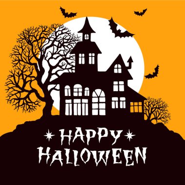 Mutlu Cadılar Bayramı tebrik kartları, tasarım için vektör çizimleri, davetiye, bsnner, baskı. Cadılar Bayramı evinin silueti, dolunay, ağaçlar ve yarasalar.