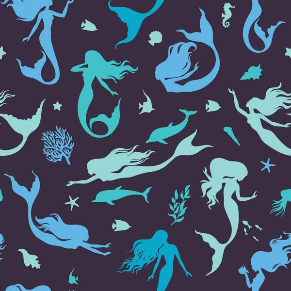 マーメイド イルカ 海藻のシルエットのシームレスなパターン ベクトル図 プリント 紙製品 ウェブのための海洋背景 — ストックベクタ