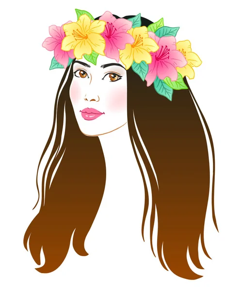 Portret Hawajskiej Azjatki Wektor Ręcznie Rysowany Kolorowa Ilustracja — Wektor stockowy