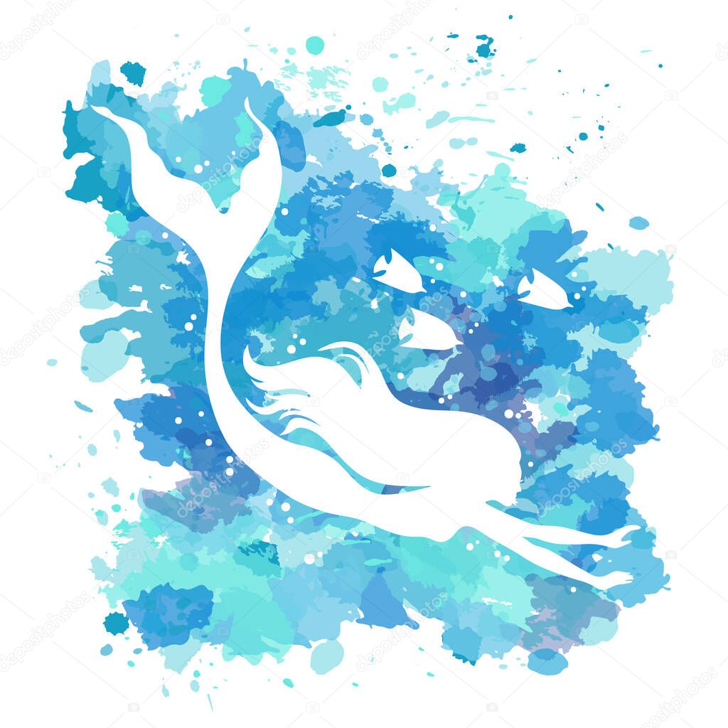 Mermaid, vector silhouette illustration on  watercolor spots background.